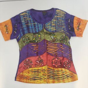 Rising International Shirt Womens Size S Multicolor‎ Boho Hippie Patchwork Art